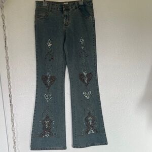 Cache Blue Flare Jeans with Heart Embellishments